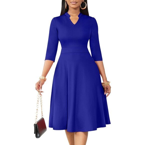 Women Royal Blue 3/4 Sleeve Semi Formal Fit and Flare A-lineDress with  Pockets